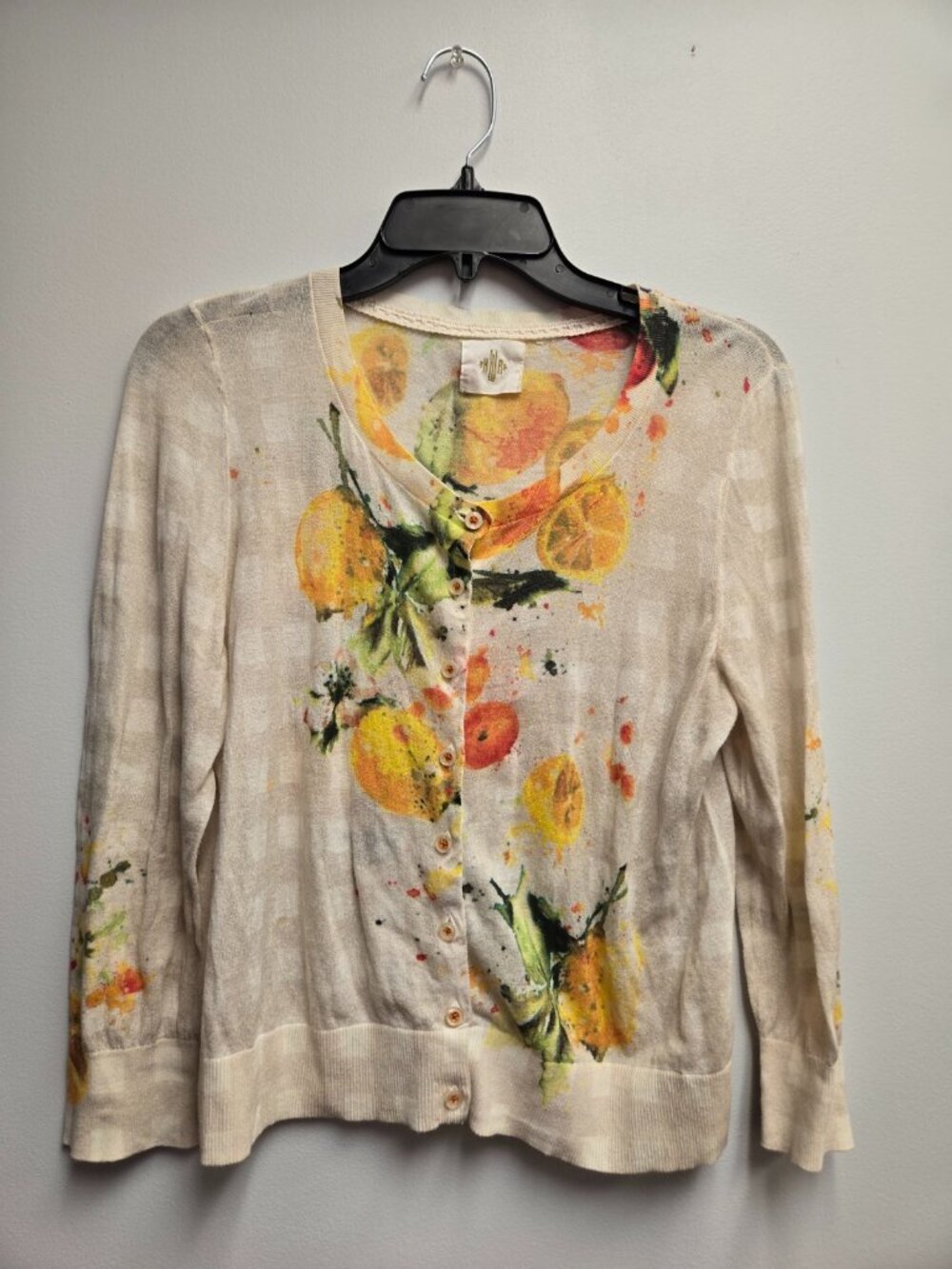 Anthropologie Monogram Citron Fruit Cardigan Cream Yellow Medium Cottagecore